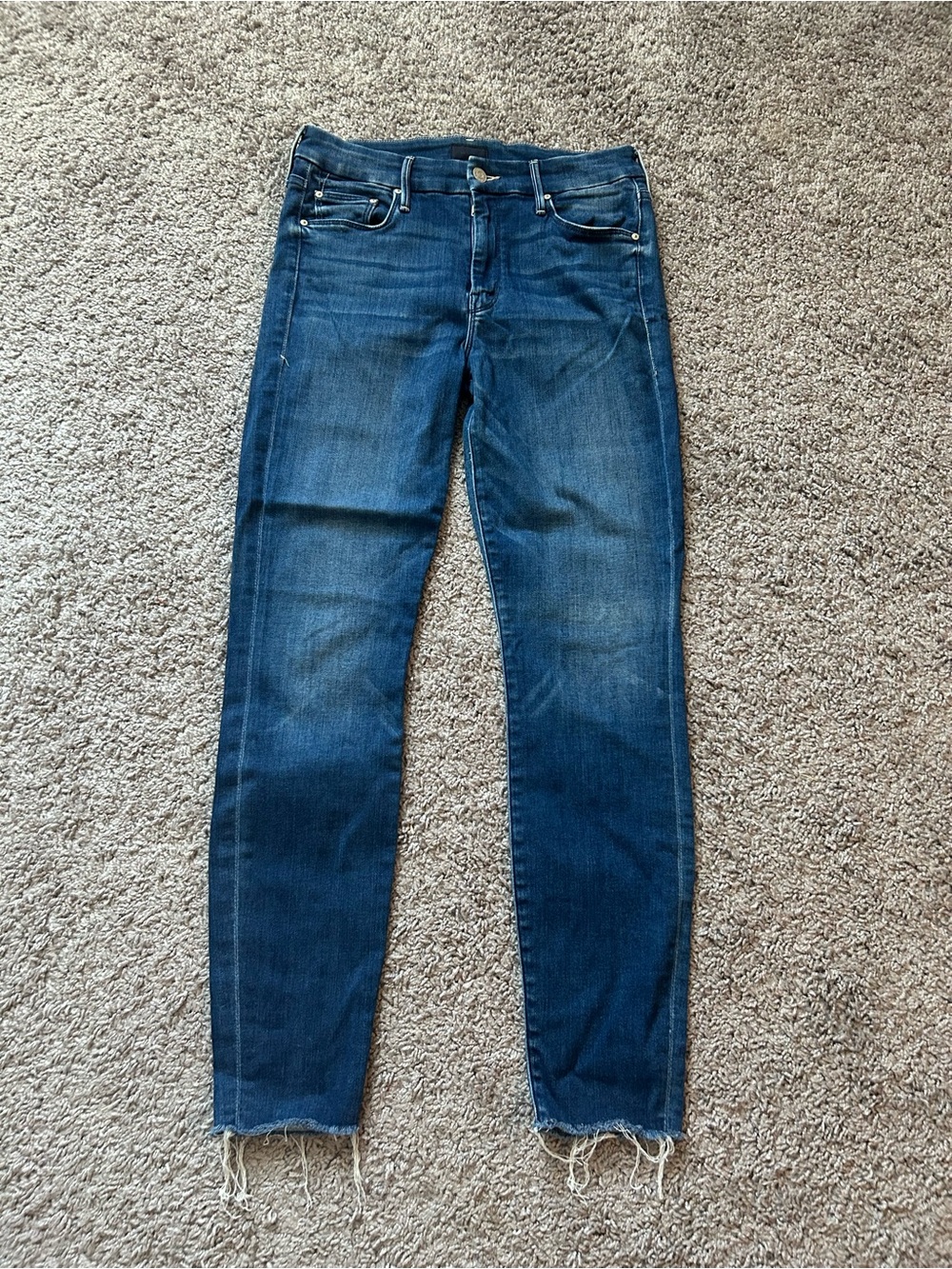 MOTHER Dark Blue Skinny Jeans with Raw Hem